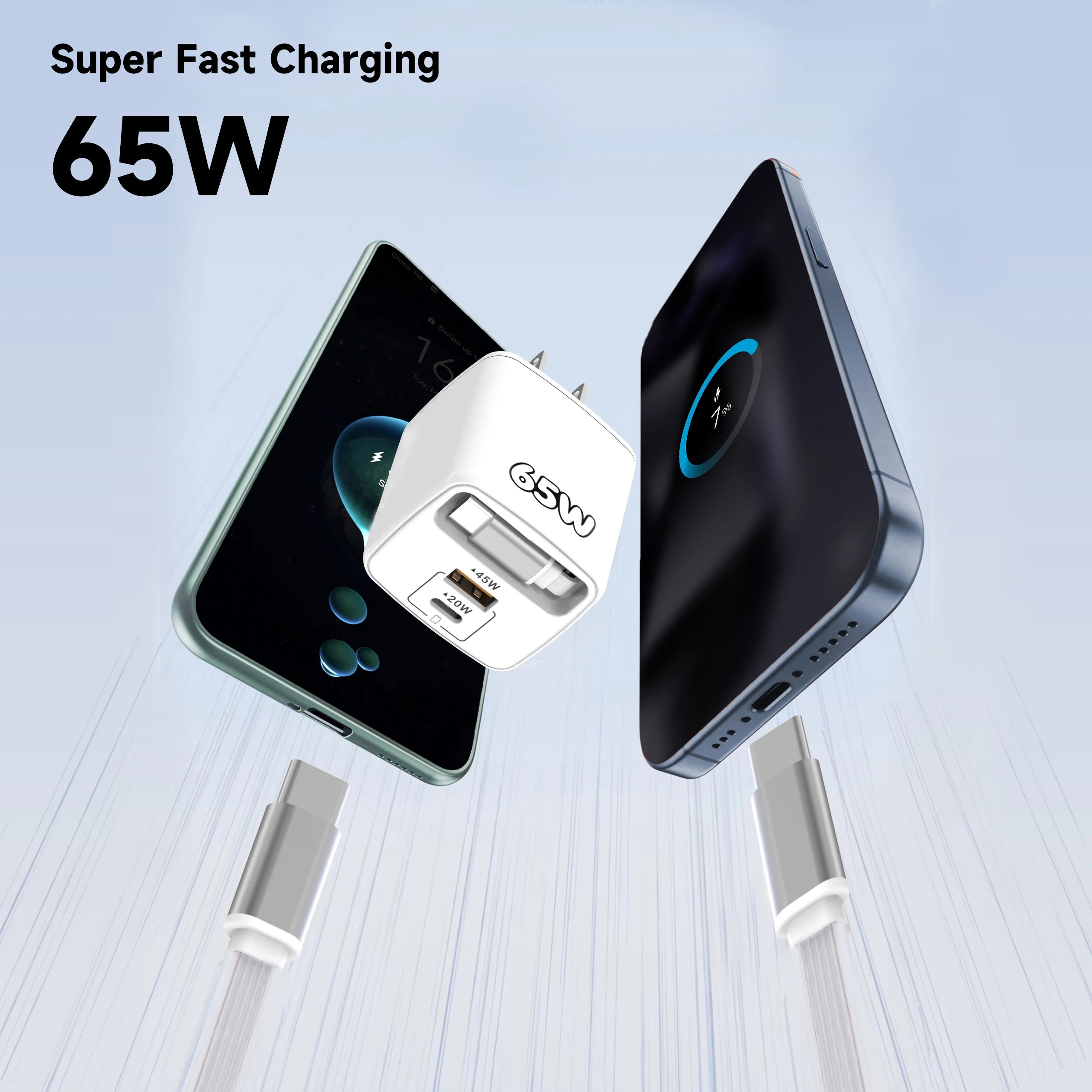 65W PD USB-C Charger & Retractable Cable – Quick Charge 3.0 USB-C Wall Charger Zpaxo