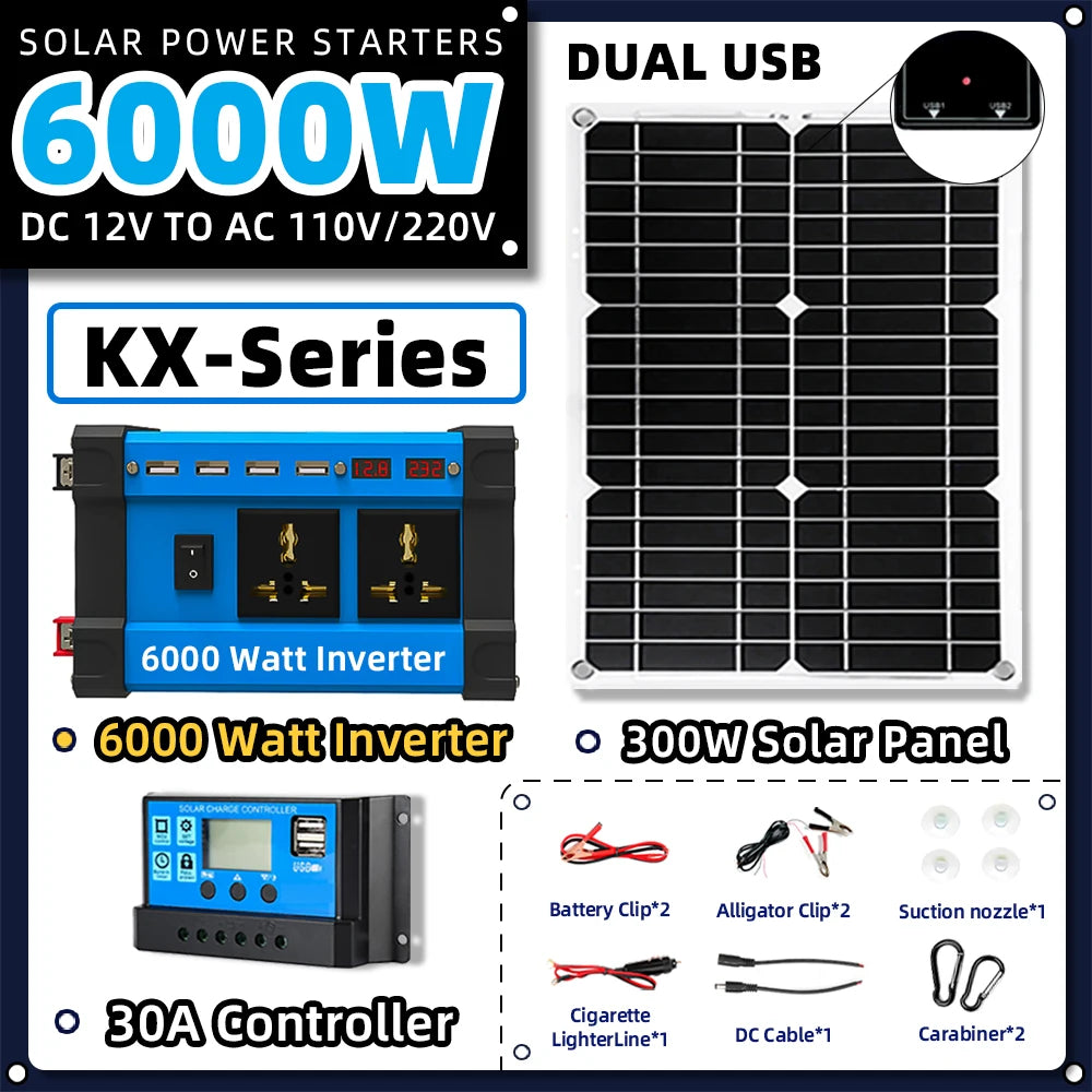 Solar System Kit Combination 6000W Inverter 30A Controller 300W Solar Panel 12V to 220V/110V Smart Charge & Discharge Camping Zpaxo