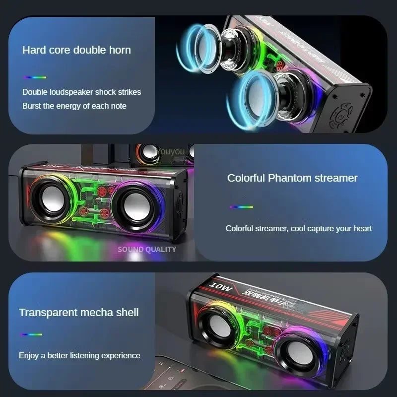 V8 Transparent Mecha Speakers Bluetooth 5.0 Wireless Double Bass Diaphragm Subwoofer Music TWS RGB Light Mini Party Loudspeaker Zpaxo
