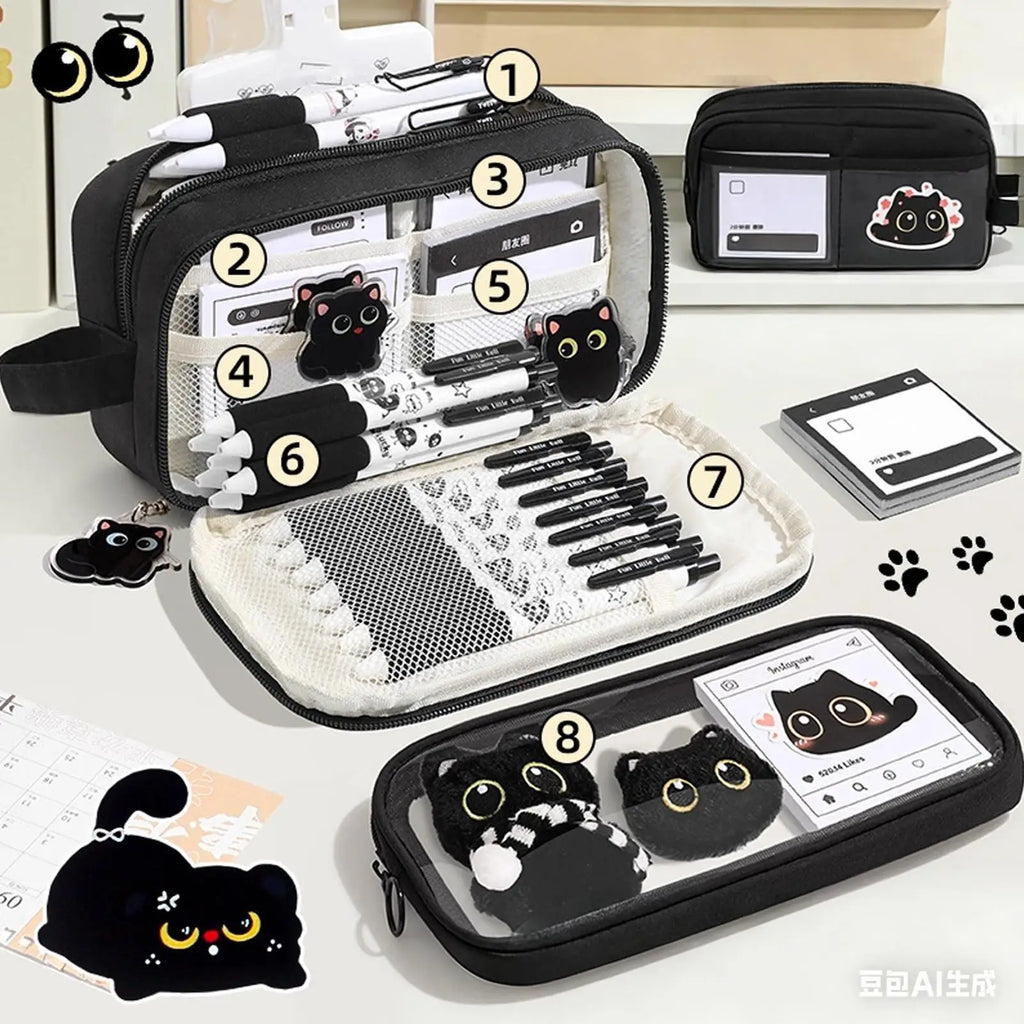 Cute Pencil Pouch Sticky Notes 10-Layer Black Cat Animal Case