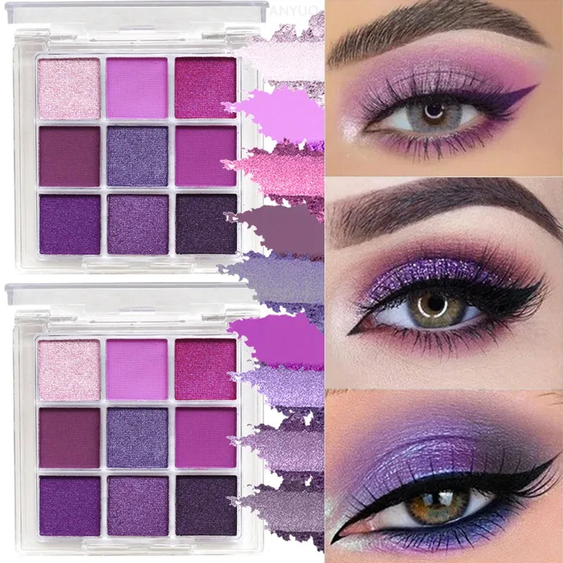 9 Colors Glitter Eyeshadow Palette Purple Pearlescent Matte Eye