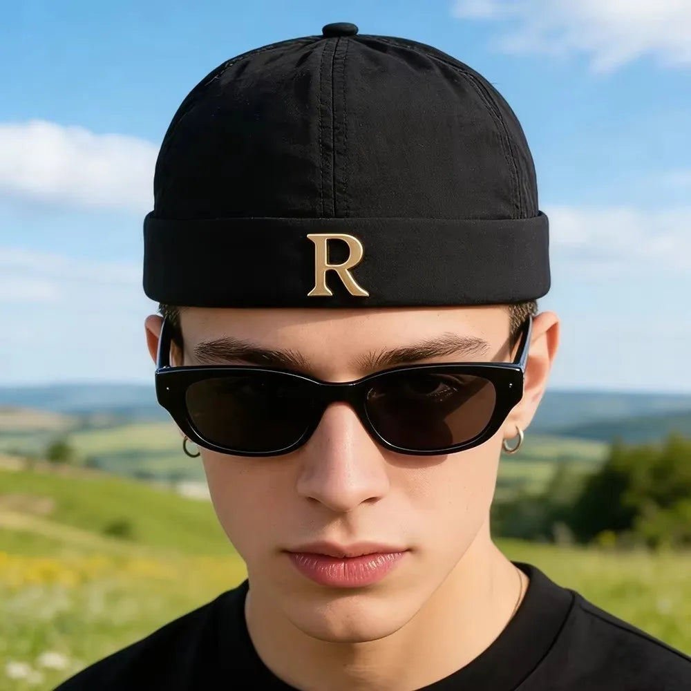 Fashion R Letter Brimless Docker Cap Lightweight Breathable Beanie Hat Quick Drying Sun Protection Landlord Hat Spring Zpaxo