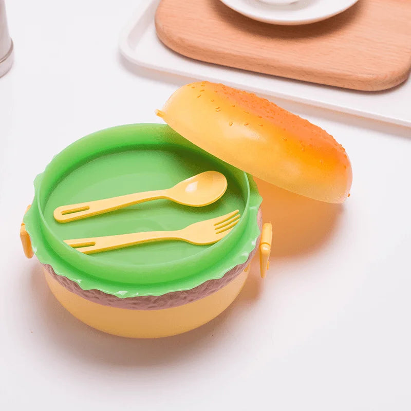 Hamburger Lunch Box Double Tier Cute Burger Bento Box Microwave Food Container Fork Tableware Set Zpaxo