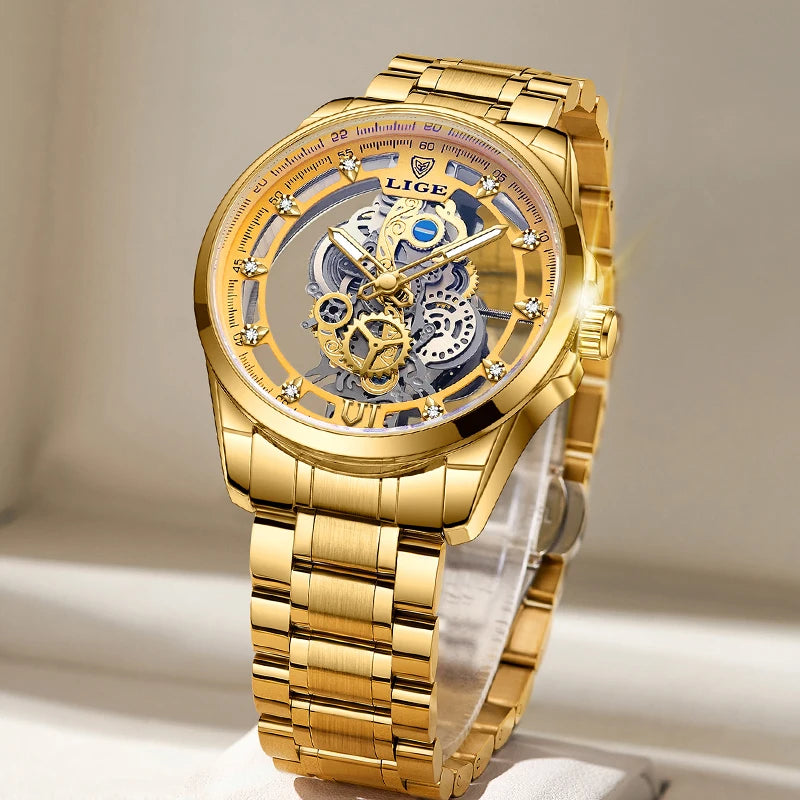 2025 LIGE Men Watch Skeleton Automatic Quartz Watch Gold Skeleton Vintage Man Watch Mens Watches Top Brand Luxury часы мужские Zpaxo
