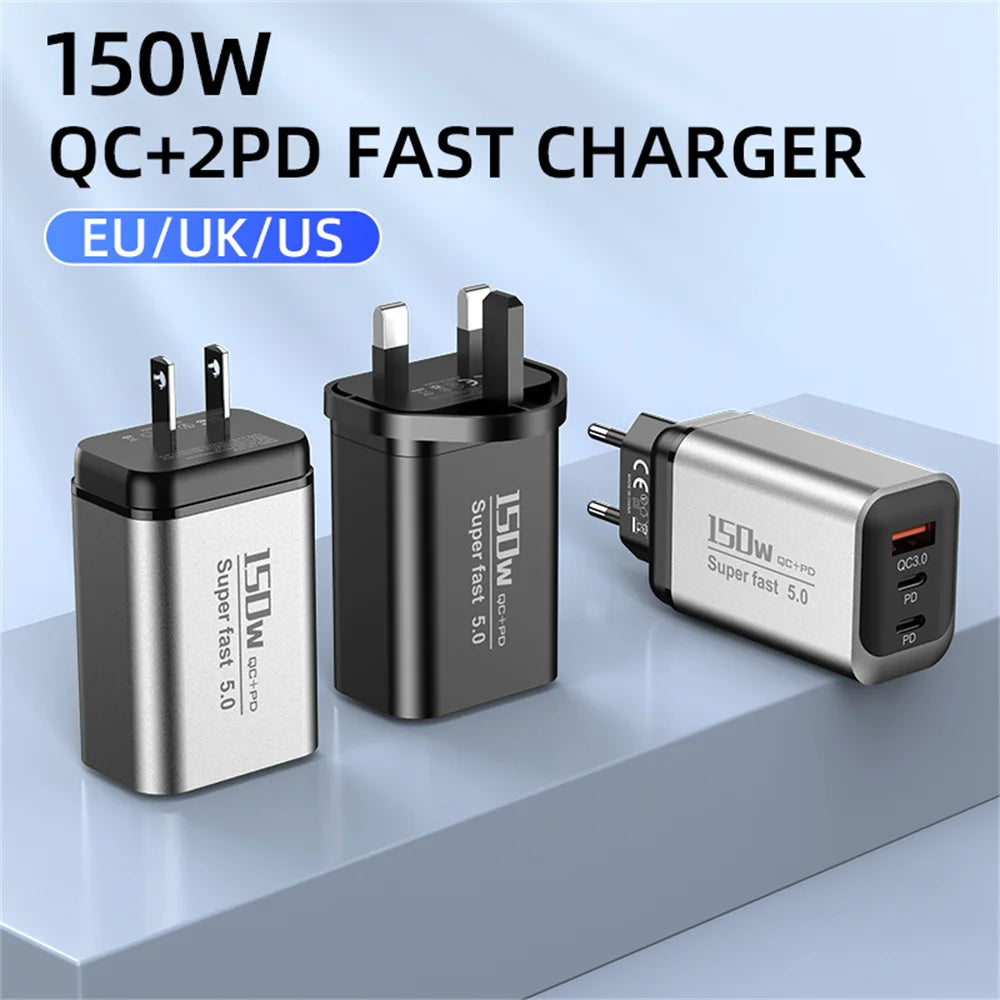 150W 3-in-1 USB-C Fast Charger PD QC3.0 | EU UK US Plug USB-C Wall Charger Zpaxo