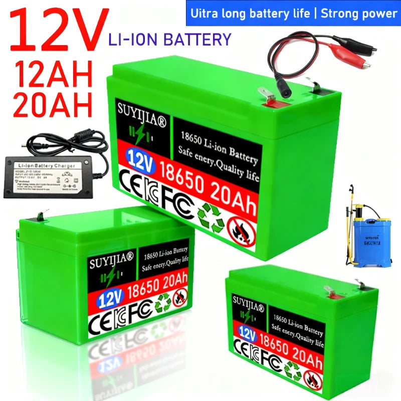 New 12V Li-ion 20Ah 12Ah 18650 Lithium Rechargeable Battery Pack for Sprayer Kids Electric Toy Car Scale Access Control+Charger Zpaxo