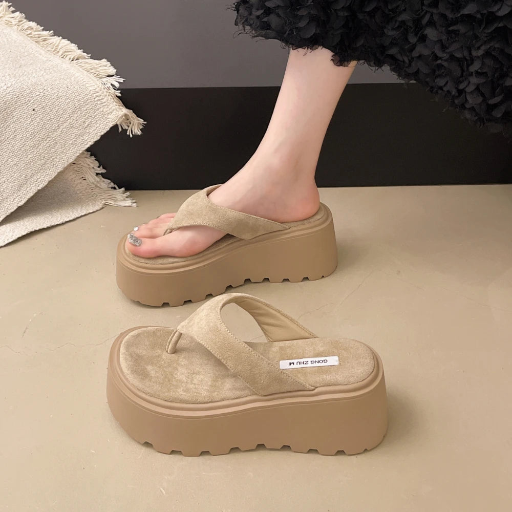 Wedge Outdoor Slippers Women's Summer Thick Bottom Flip Flops Outdoor High Waist Seaside Beach Leisure Flip Flops Suede Zpaxo
