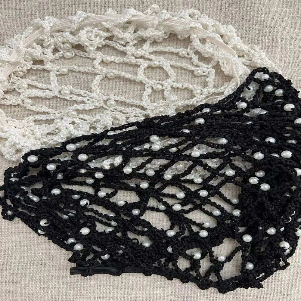 Pearls Beads Mesh Snood Hair Net Soft Solid Oversize Knit Hat Women Zpaxo