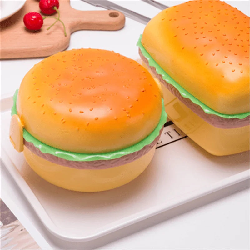 Hamburger Lunch Box Double Tier Cute Burger Bento Box Microwave Food Container Fork Tableware Set Zpaxo