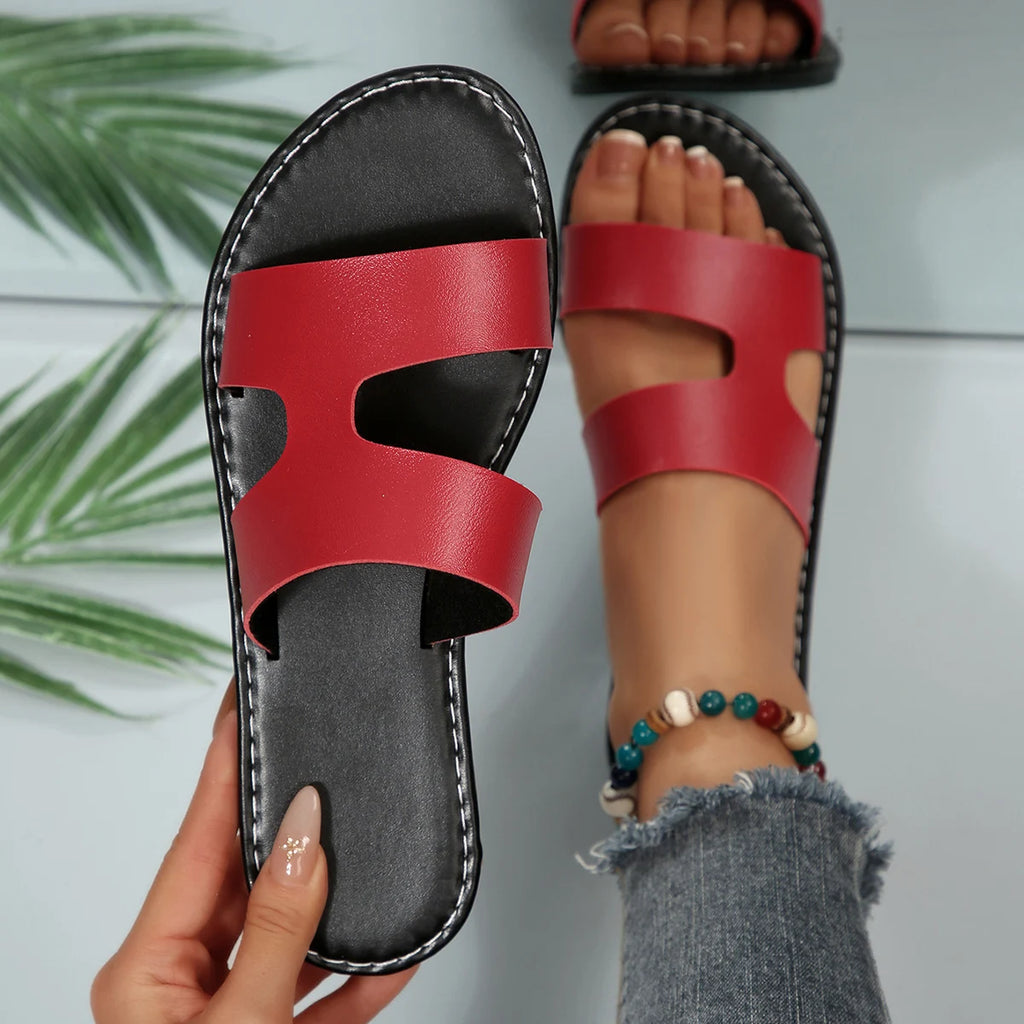 Women Flat Slippers Lightweight Leather Shoes Cross Strap Rome Low