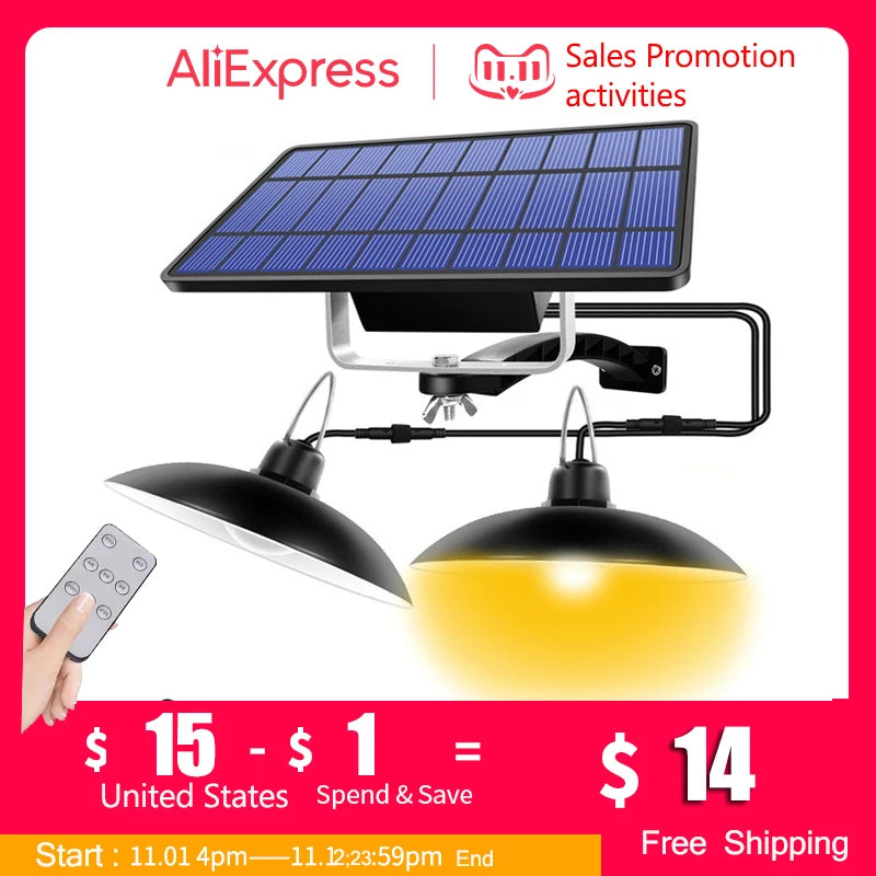Solar Pendant Light with Double Head Shed Light Waterproof 4800mAh Remote Solar Powered Hanging Spotlight for Garden Yard Garage Zpaxo