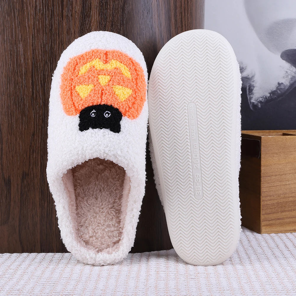 Halloween Plush Slippers Anti Slip Comfortable Furry Slippers Pumpkin Cat Pattern Fluffy Home Warm House Shoe for Winter Autumn Zpaxo