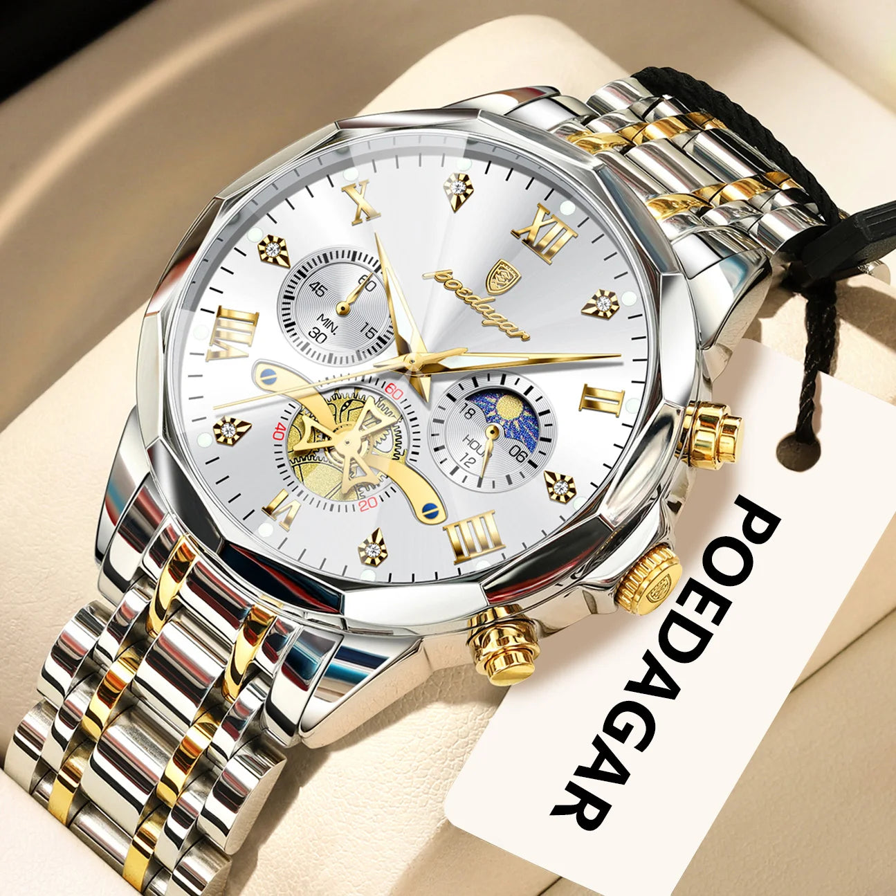 POEDAGAR Luxury Original Men Watch Waterproof Luminous Chronograph Man Wristwatch Stainless Steel Quartz Top Men's Watches Reloj Zpaxo 938 Gold White
