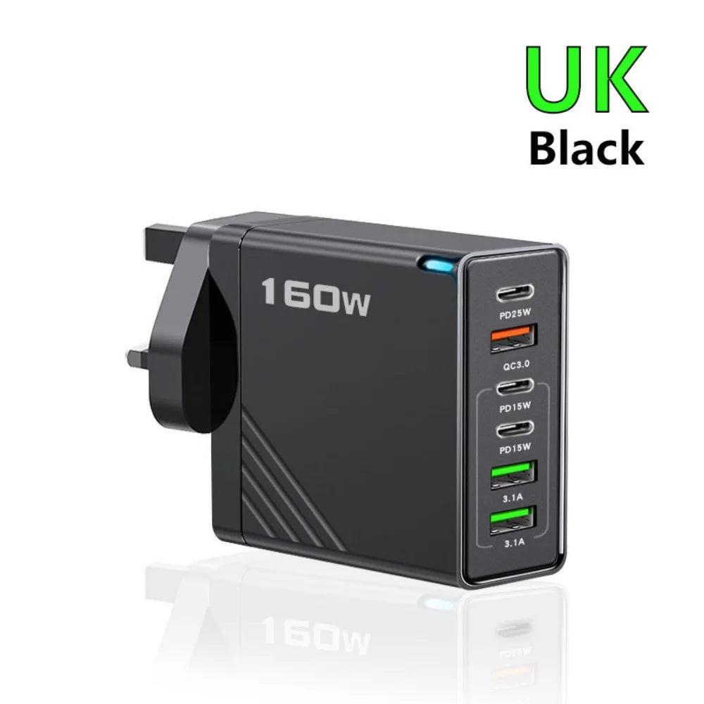 160W USB-C Multi-Port Fast Wall Charger | iPhone & Android USB-C Wall Charger Zpaxo UK Black