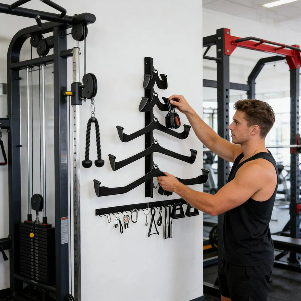 Gym Rack for Lat Pull Down Bar 5-Piece Wall Mounted Home Organization Home Cable Attachment Storage Rack for Resistance Bands Zpaxo