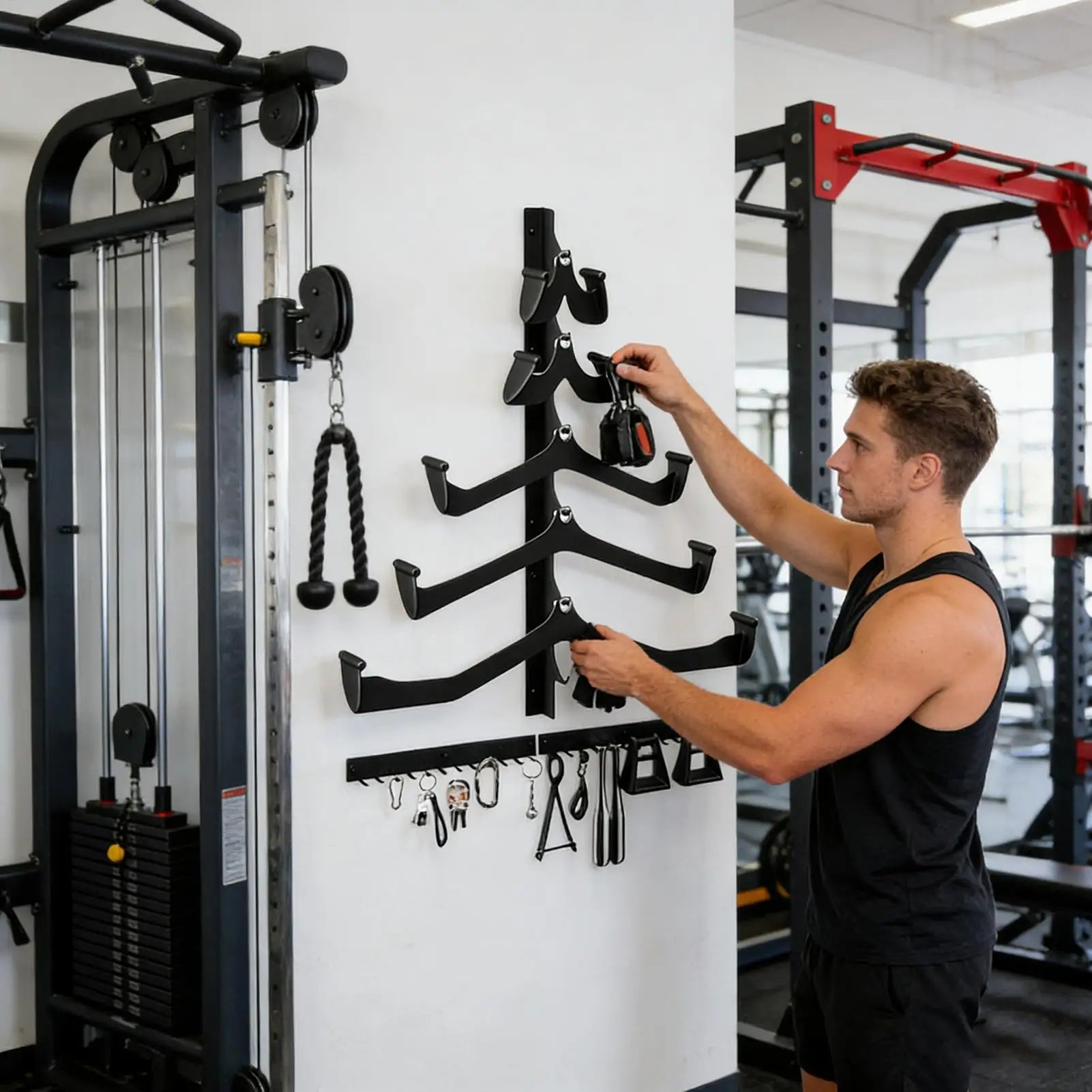 Gym Rack for Lat Pull Down Bar 5-Piece Wall Mounted Home Organization Home Cable Attachment Storage Rack for Resistance Bands Zpaxo