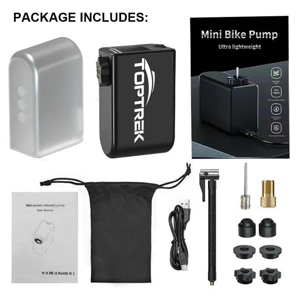 Toptrek 100psi Mini Electric Air Pump Portable 1260mAh Bicycle Pump Inflator Presta Schrader Valve Road MTB Bike Motorcycle Pump Zpaxo black