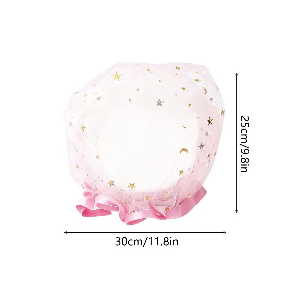 Waterproof Double-Layer Shower Caps Starry Sky Design Fashion Reusable Bathing Hat Kitchen Oil-proof Sanitary Hat Zpaxo Pink