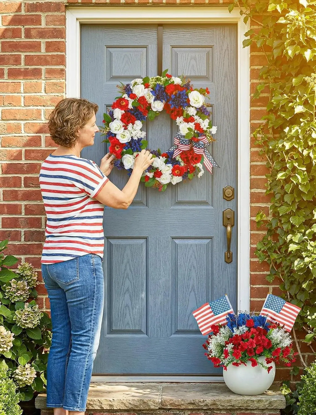 Patriotic Wreaths for Front Door Anniversary Decorations, Memorial Day Wreaths, Festival Celebration USA Flag Printed Wreath Zpaxo