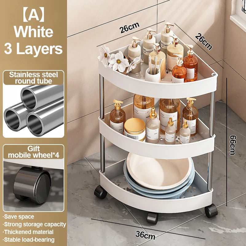 Bedroom Toiletries Storage Rack Stainless Steel 2/3/4/5 Layers Home Organizer Rack Bathroom Corner Shelf With Wheel Zpaxo White 3 layers
