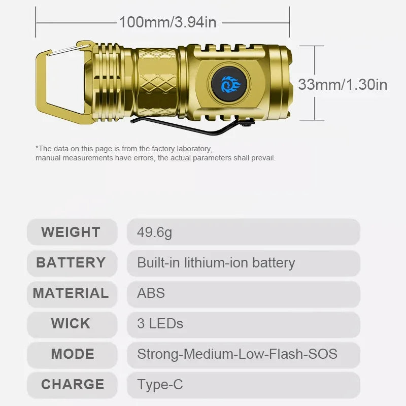 Mini USB-C Rechargeable Flashlight – 5 Modes, Hook & Lantern