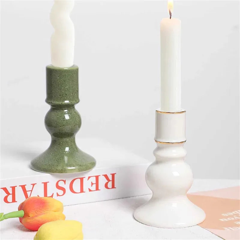 Round Ceramic Pillar Candle Holder Stoneware Table Centerpiece