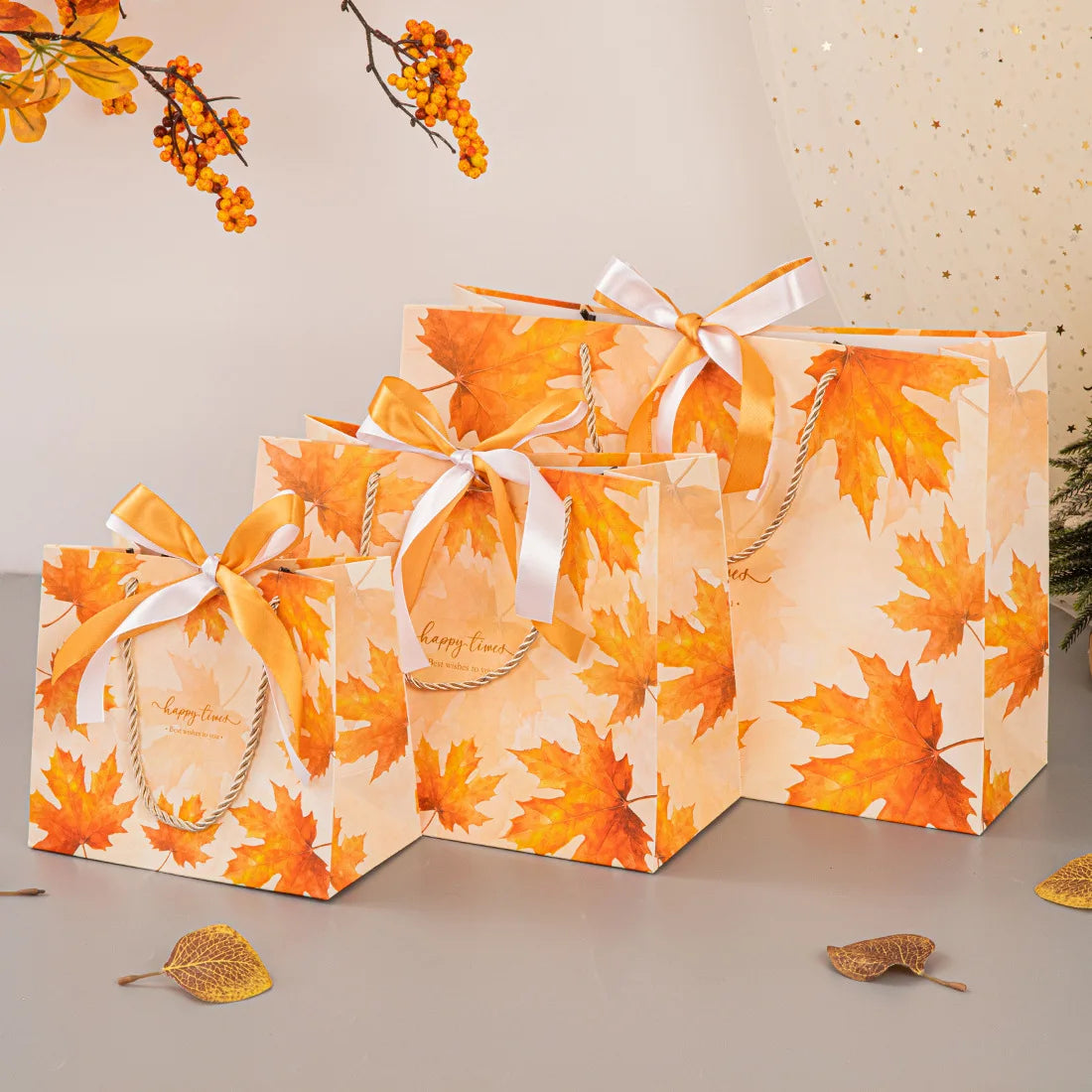 Maple Leaf Bag Ribbon Bow Paper Tote Handles Birthday Wedding Holiday