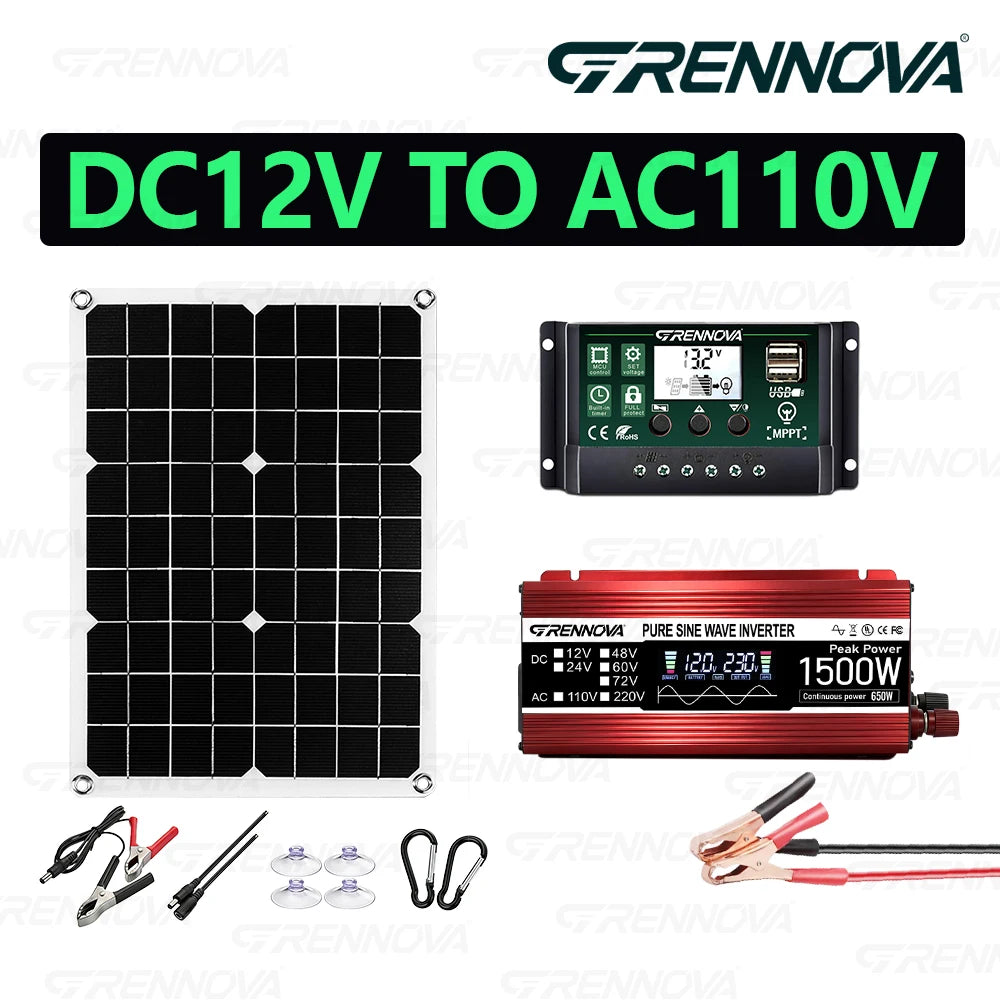 Grennova 1500W Solar Power Kit True Pure Sine Inverter 60A MPPT Controller 40W Panel for Off-Grid Outdoor Camping Home Backup Zpaxo 110V Kit