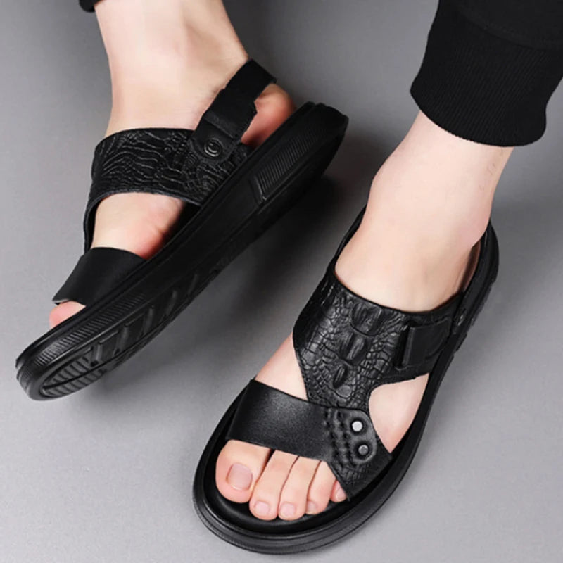 Mens Brown Leather Two Way Wear Sandals Open Toe Adjustable Strap Zpaxo