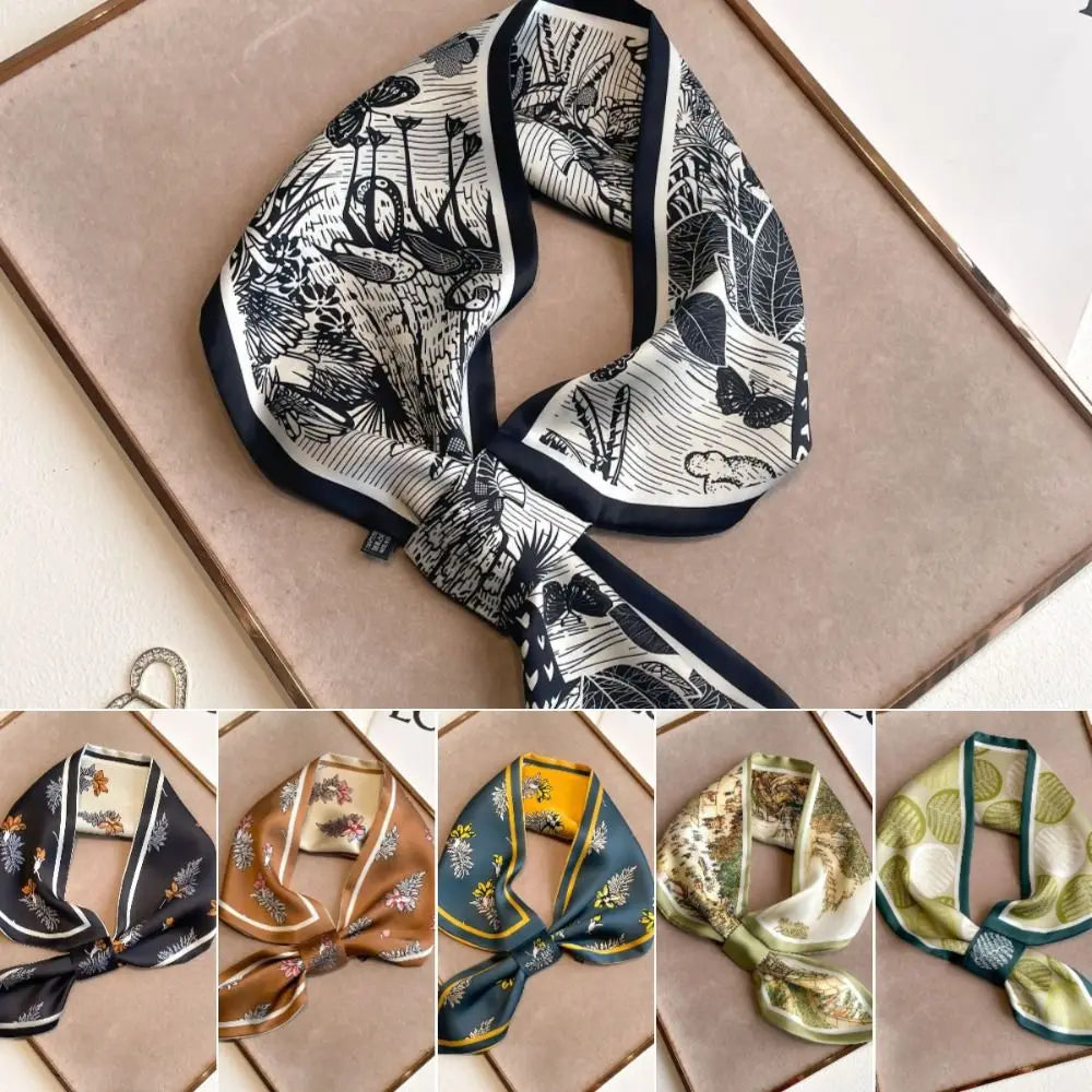 New 75cm Women Silk Scarf Multi-functional Elegant Ladies Neck Tie Flower Print Convenient Satin Silk Ribbons Summer Zpaxo