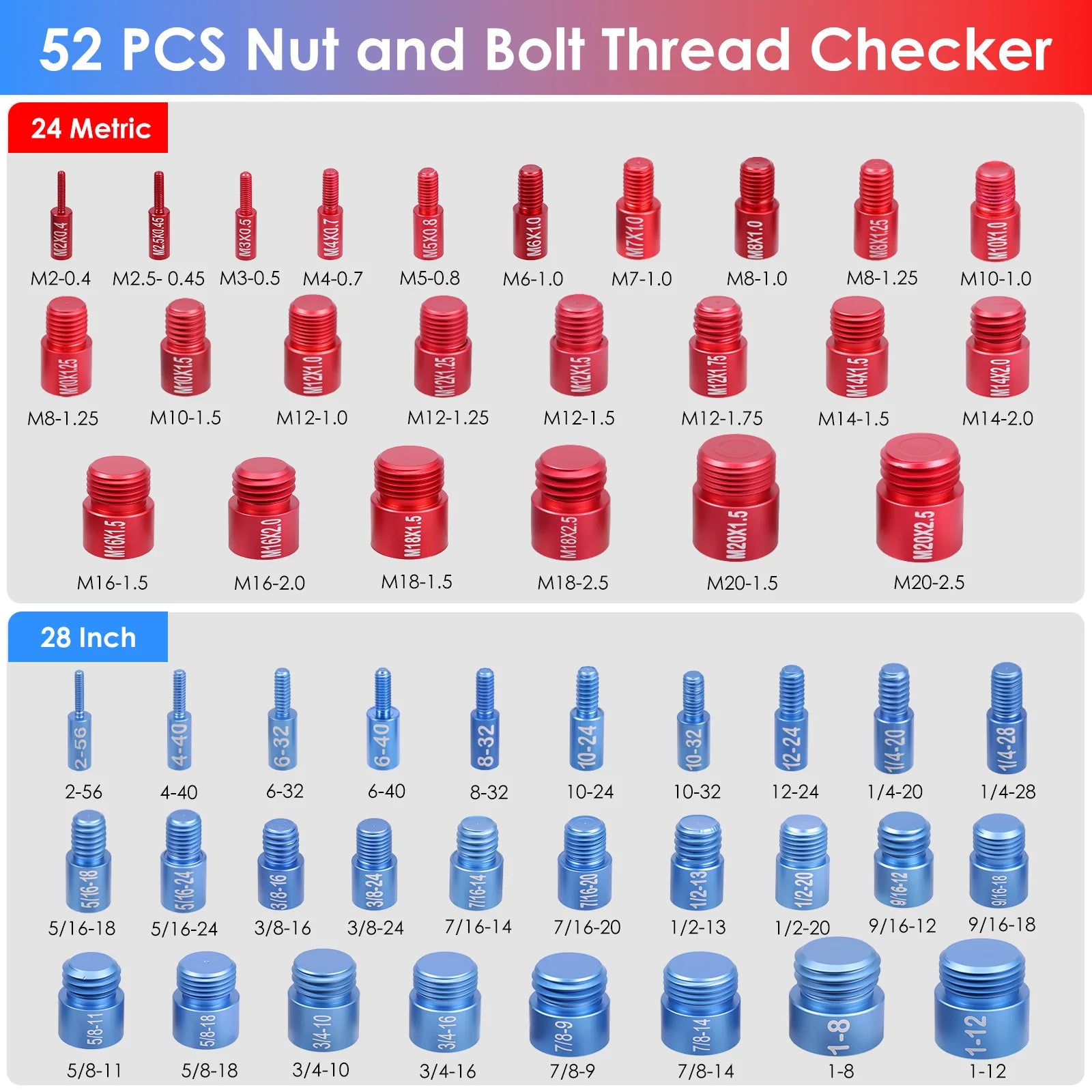 Thread Checker Metric & Imperial & US Nut and Bolt Thread Checker 28 Inch & 24 Metric Thread Gauge Bolt Size Finder for Nut Bolt Zpaxo