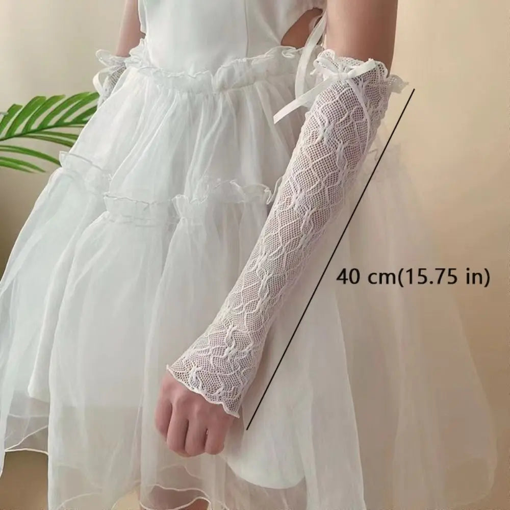 Lace Ruffle Lolita Lace Gloves Black White Bowknot Strapping Y2k Fingerless Mittens Mesh UV Protection Sunscreen Sleeve Zpaxo
