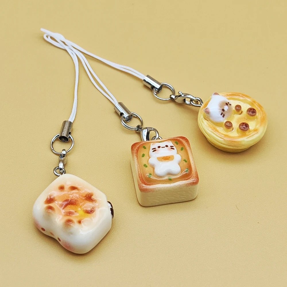 Japanese Cute Cat Bread Mobile Phone Charms Kitten Toast Keychains