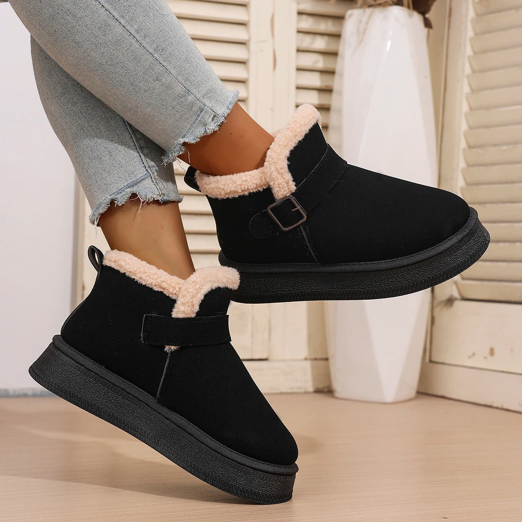 Flat Snow Boots Winter New Round Toe Deep Mouth Suede Metal Buckle Wool Protective and Non-slip Platform Warm Cotton Boots Zpaxo