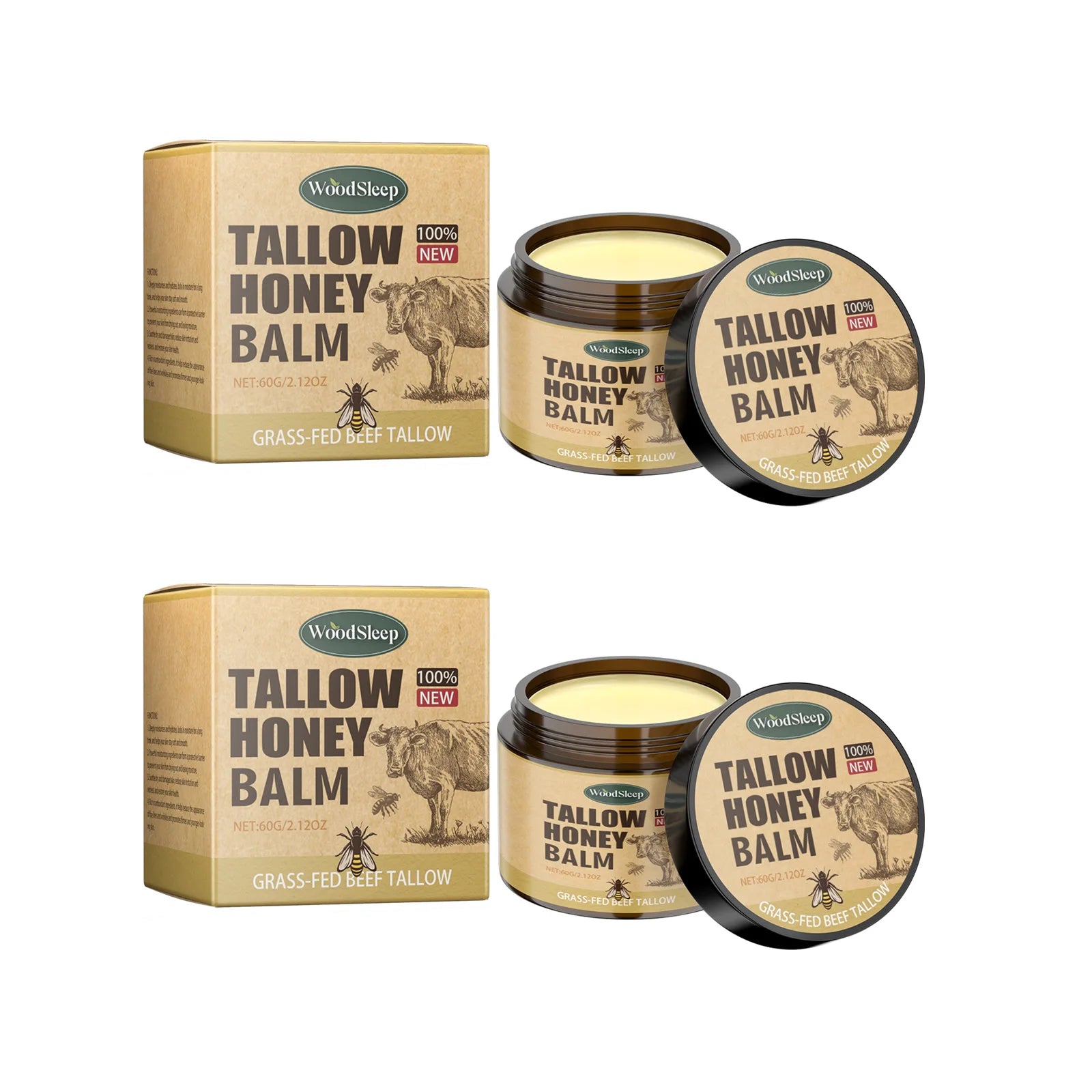 Beef Tallow Honey Balm Moisturizing Hydrating Face Cream Body Lotion Fades Fine Lines Tighten Soothen Brightening Facial Skin Zpaxo 2 x 60g Boxed