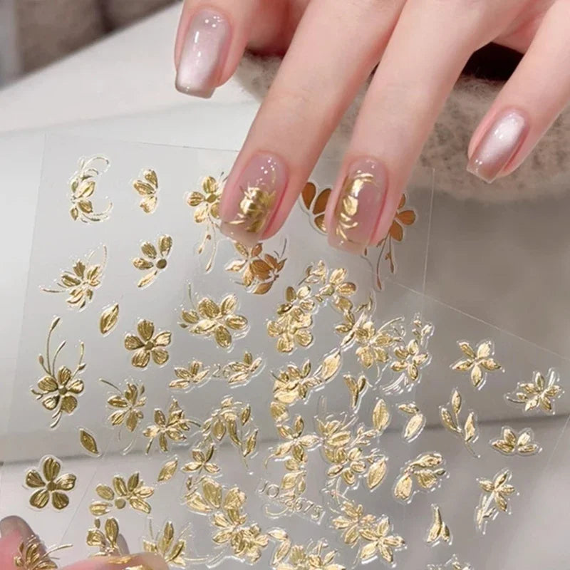 1/4 Sheets 3D Rose Gold Flower Nail Art Stickers Ultra-thin Self-Adhesive High Quality New Gold DIY Decals Manicure Decoration Zpaxo