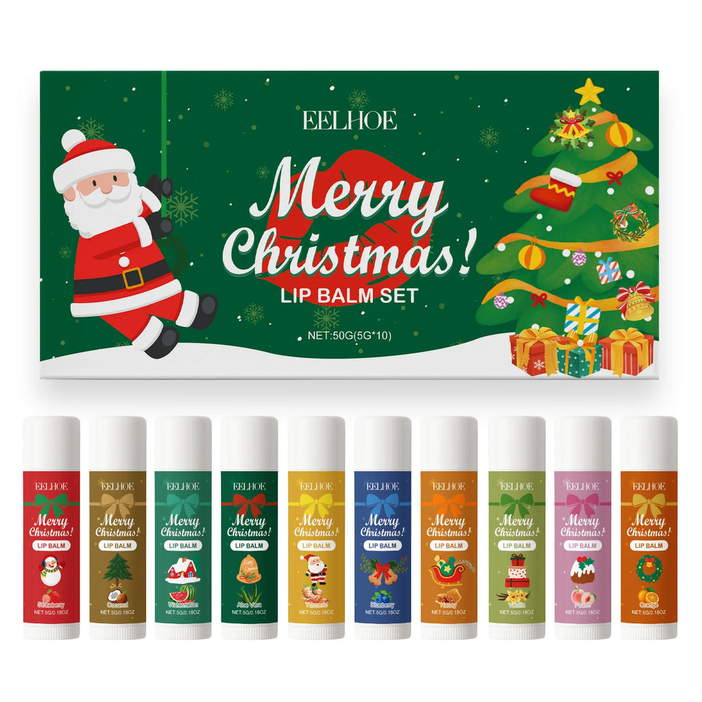 EELHOE Christmas Hydrated Lip Care Set Prevent Dry Chapped Lips Gentle Daily Care Smooth Glossy Plump Lips Lip Balm Set Zpaxo 5g X 10pcs boxed