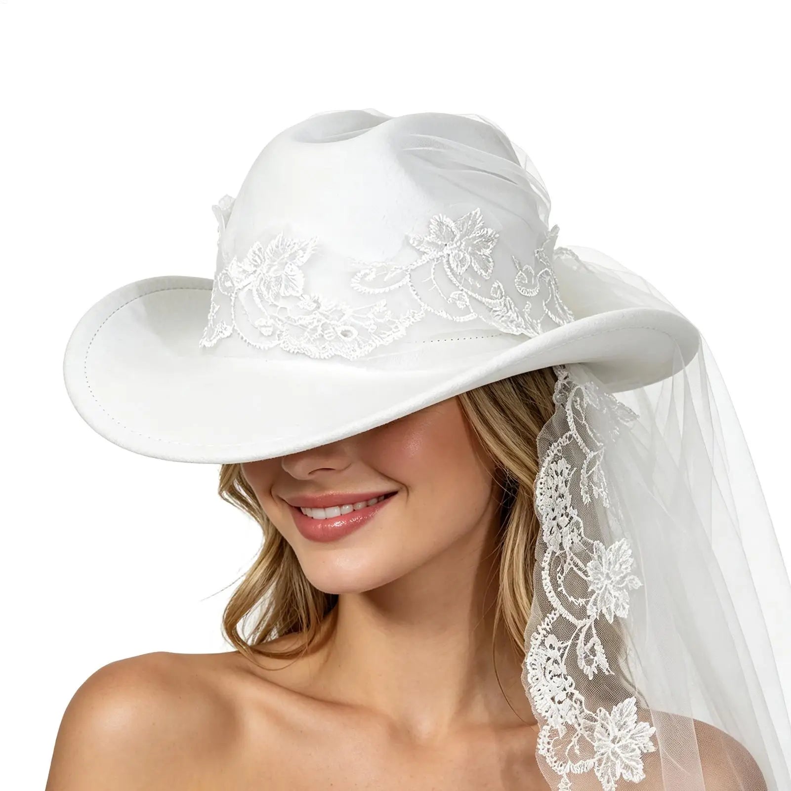 Bride Cowgirl Hat Veil Bachelorette Party White Headwear Cowboy