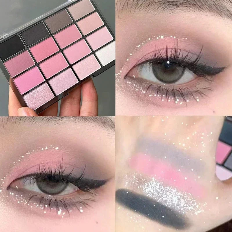 16 Colors Black Pink Eyeshadow Palette Glitter Shimmer Pearlescent