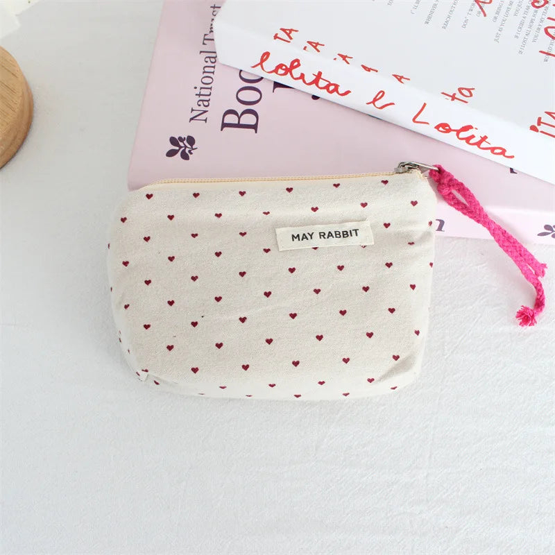 Korean Canvas Coin Purse – Polka Dot & Heart Mini Zipper Pouch Canvas Coin Purse Zpaxo E