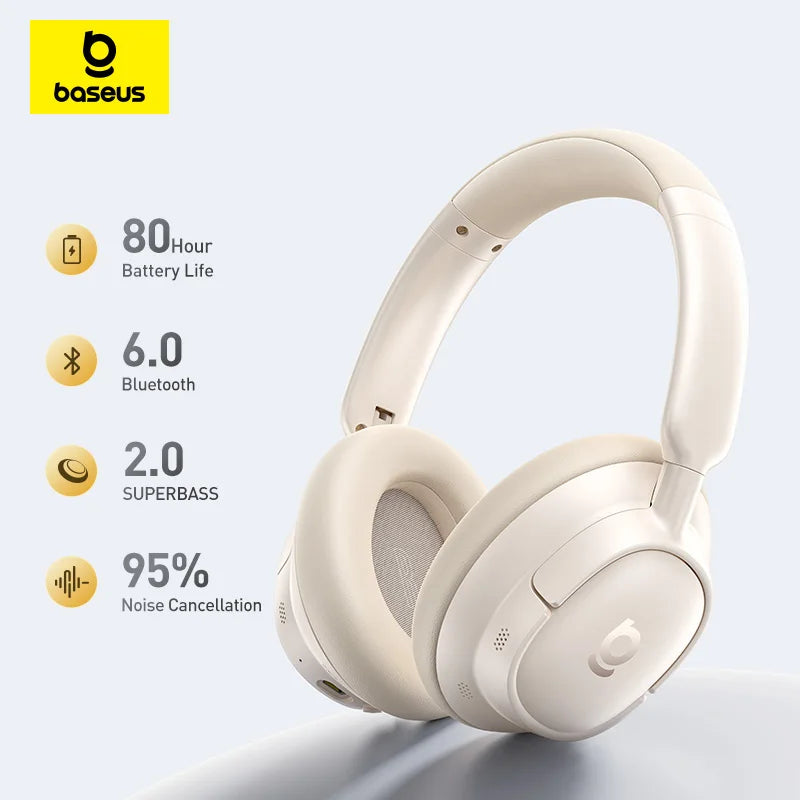 Baseus ANC Wireless Headphones 80H Over Ear Earphones 95 Noise Zpaxo White