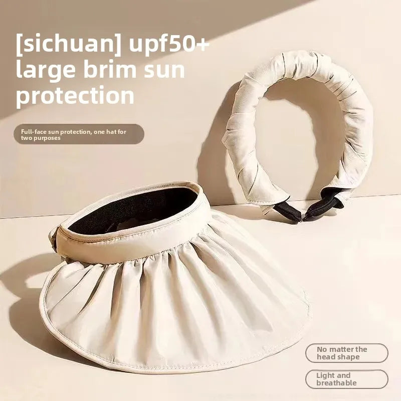 UPF50+ Women's Crownless Sun Hat Foldable Headband Korean Wide Brim