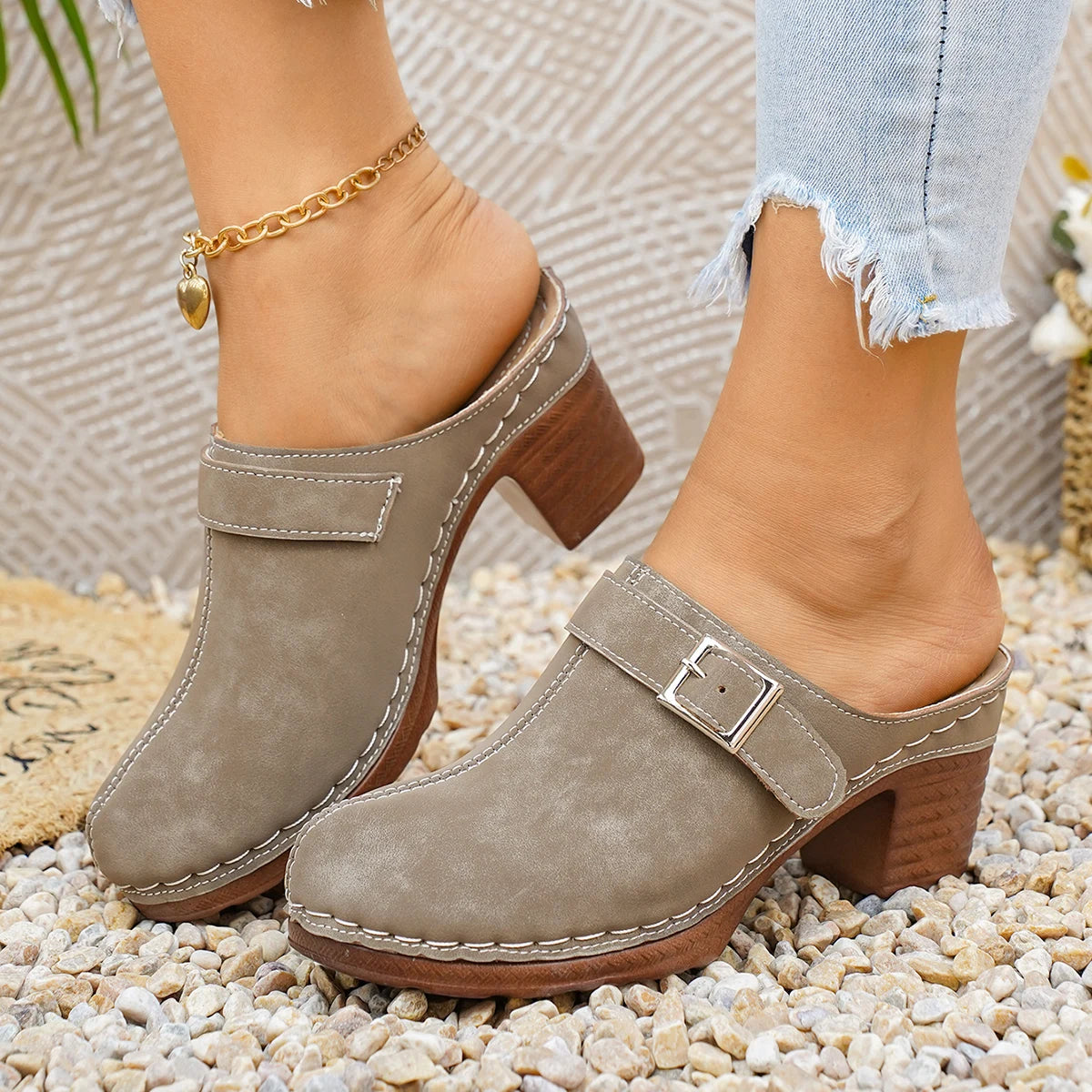 Women Sandals 2026 Summer Heels Open Toe Chunky Slippers Female Zpaxo Khaki 43