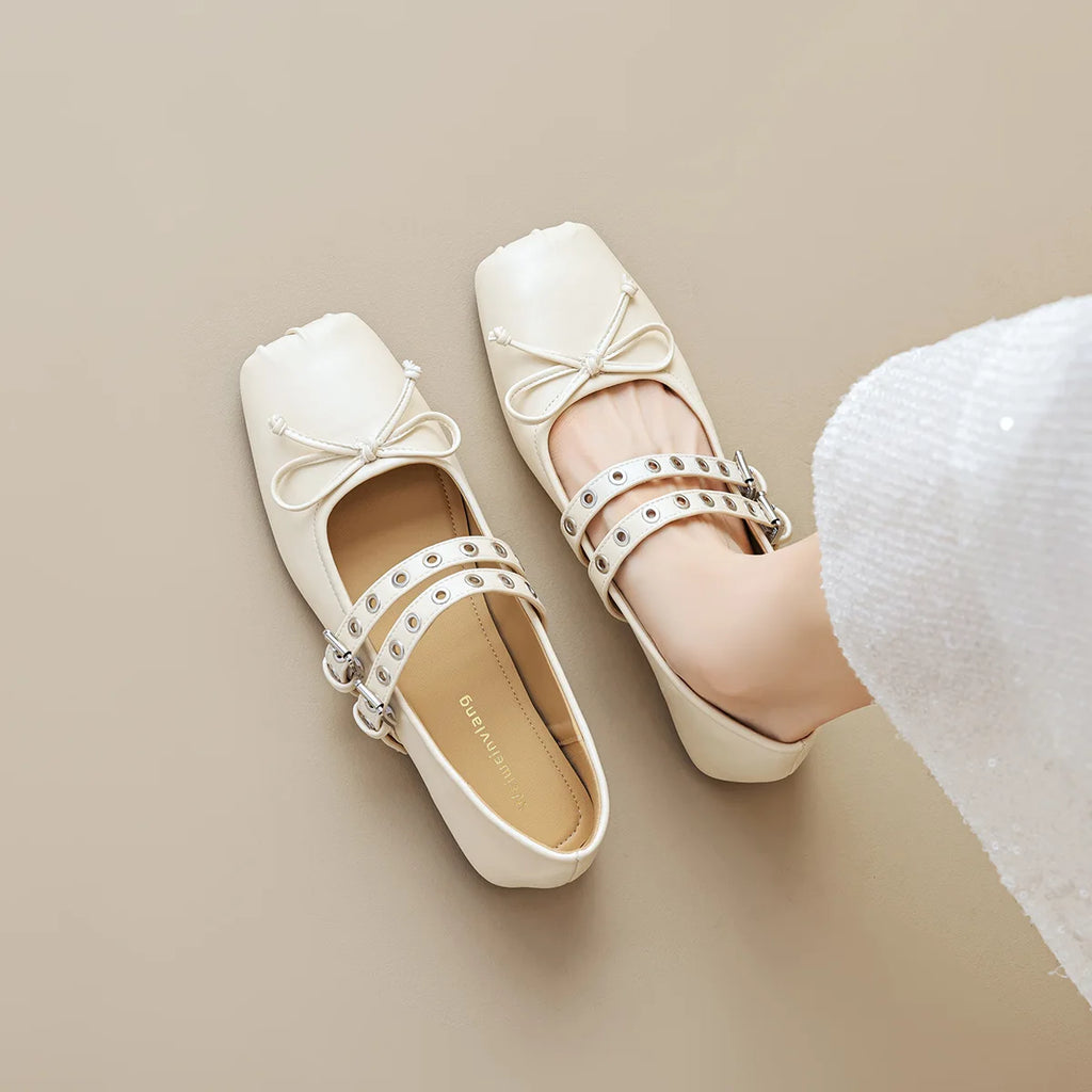 Flat Shoes for Women 2025 Spring and Autumn Square Toe Flat Bottomed Shallow Bow Ballet Shoes Mary Jane Plus Size Women's Shoes Zpaxo