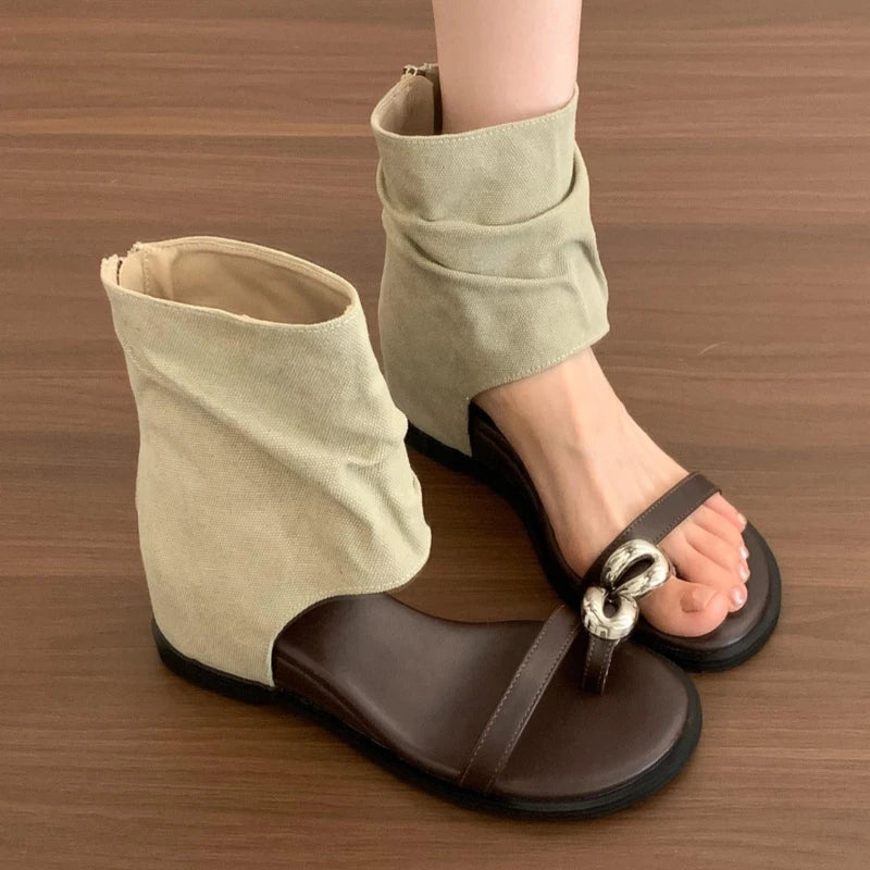 Women's Square Toe Loop Vintage Comfortable Wedge Heel Sandals Summer Zpaxo Khaki 35