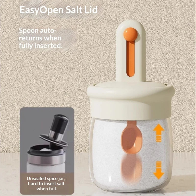 Glass Seasoning Jar with Retractable Spoon Lid | Sealed Salt Box Seasoning Jar Zpaxo