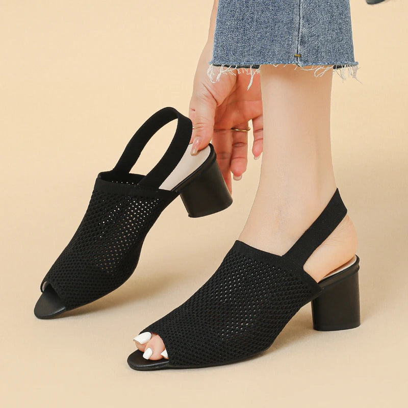 Fish Mouth Hollow Out Breathable Fabric Heel Block Sandals Womens Zpaxo