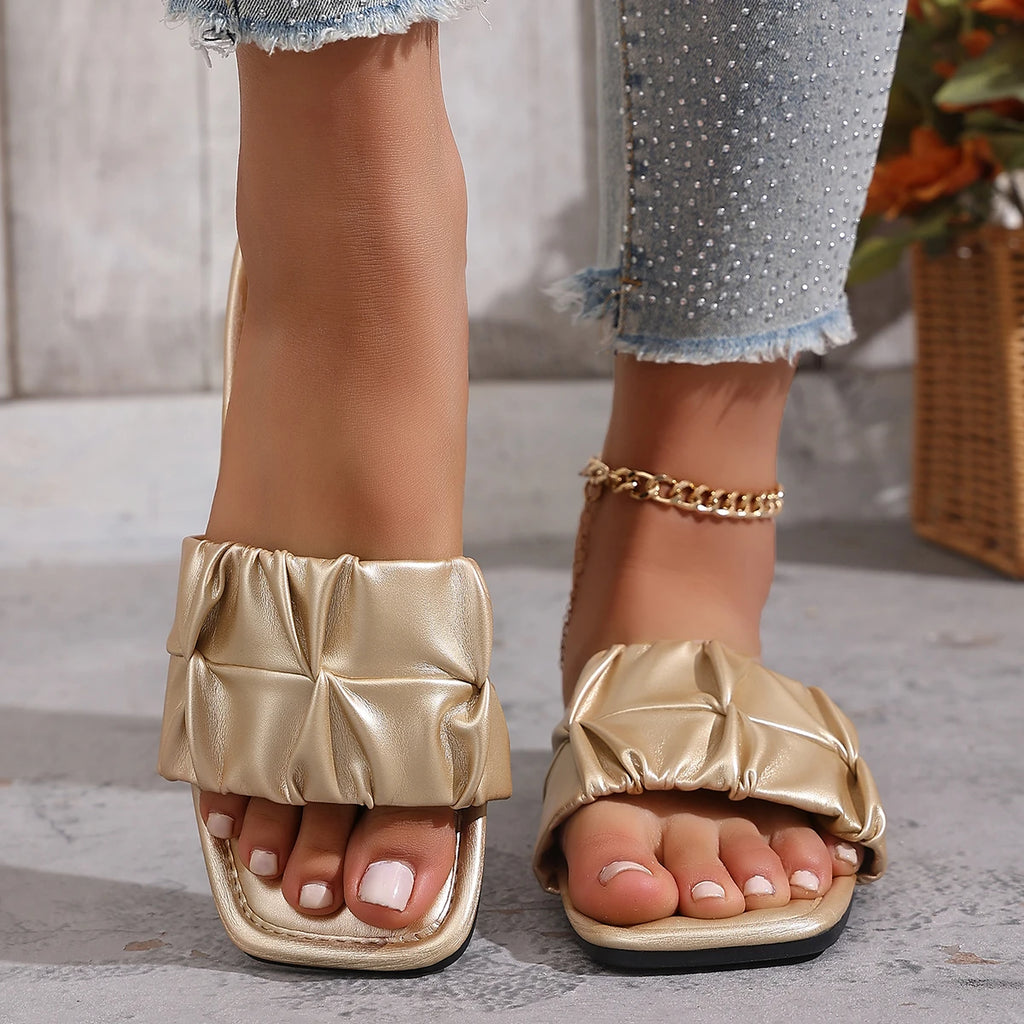 Summer Women Slippers Slip on Lightweight Shoes Flats Pleated Slippers Women Elegant Comfortable Sandals Big Size Slides Women Zpaxo