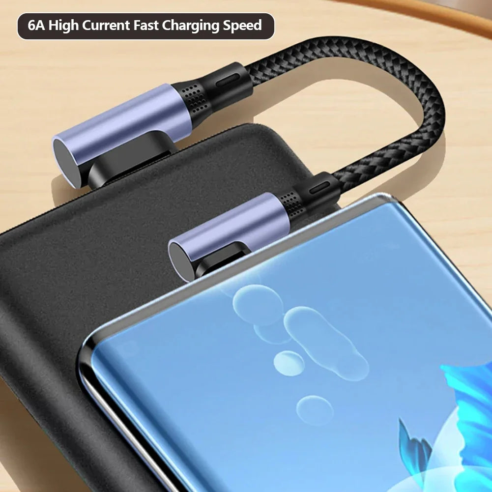 90° Elbow USB-A to USB-C Cable 15/30cm – 100W 6A Fast Charge