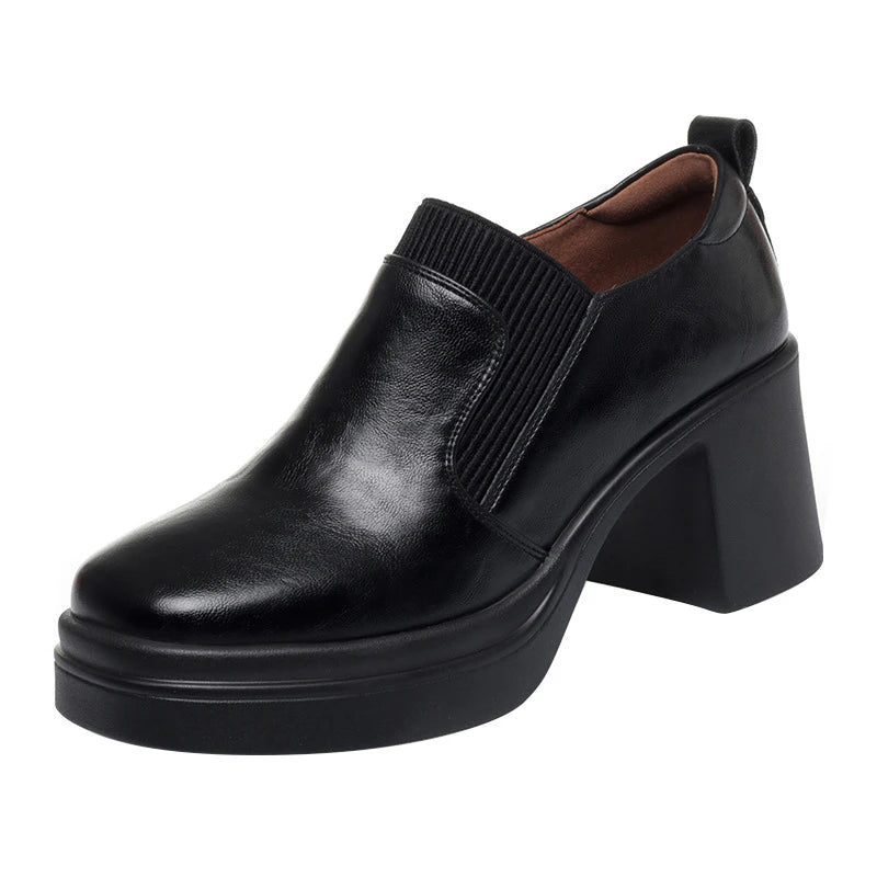 Womens Brown Leather Platform Ankle Boots Chunky Heel Elastic Gore Zpaxo